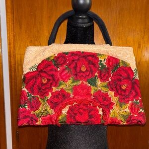 Elegant Women’s Bag with Vibrant Red Floral Green Leaves Lace Trim Black Handles